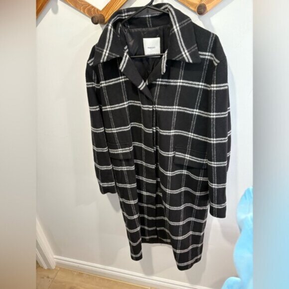 MANGO CHECKERED LONG WOOL BLEND COAT- XS - Picture 2 of 9